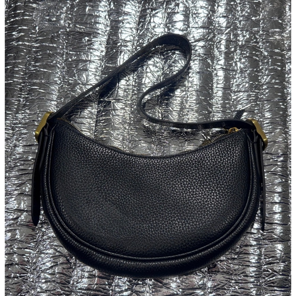 Quince Black Pebbled Leather Half Moon Shoulder Bag Gold Hardware Crescent Bag